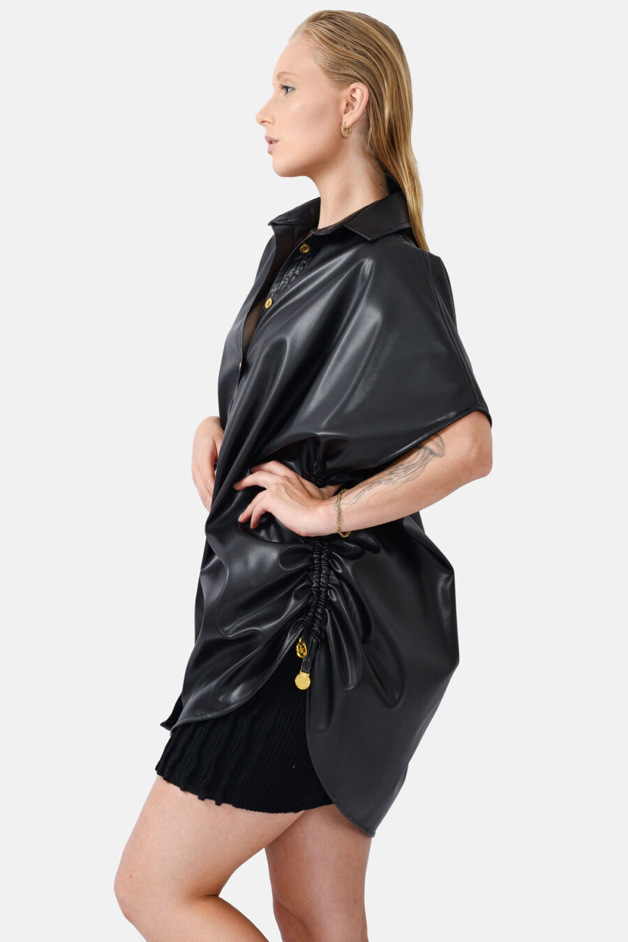 Black Oversized Vegan Leather Shirt Designer Shirt Kargede Side - Rumour – Black Vegan Leather Oversized Shirt