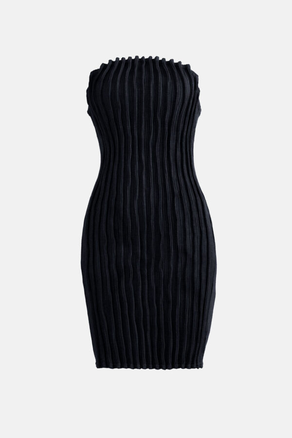 Black Rib Knit Mini Dress Pleated Knitwear Kargede Designer Dress GM - Mycel – Black Rib Knit Mini Dress