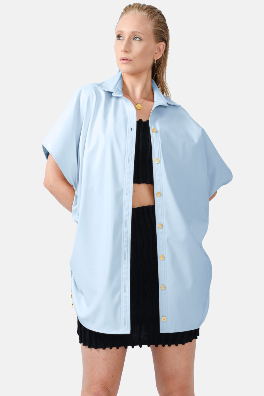 Blue Oversized Vegan Leather Shirt Designer Shirt Kargede Front - Rumour – Blue Vegan Leather Oversized Shirt