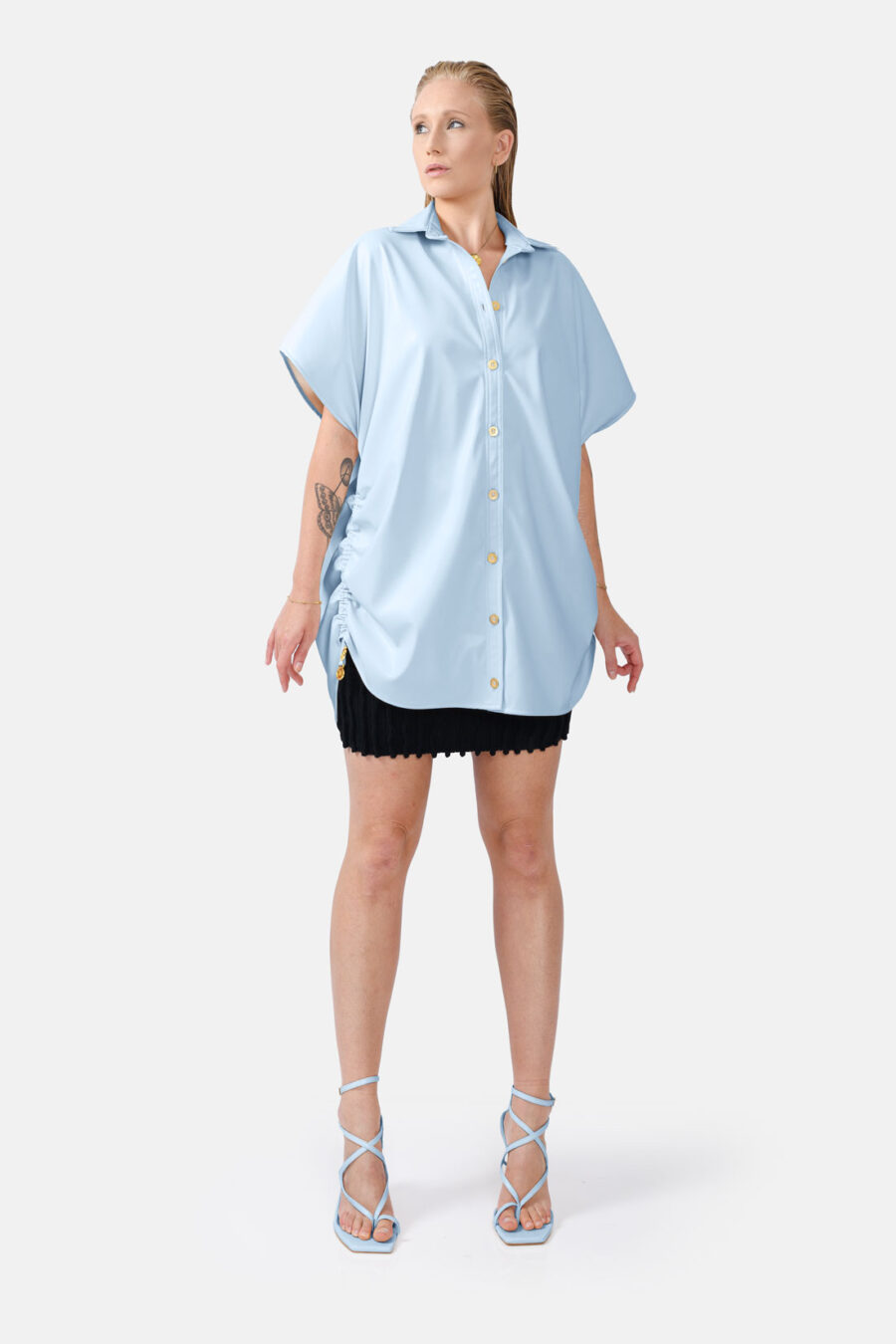 Blue Oversized Vegan Leather Shirt Designer Shirt Kargede Front Closed - Rumour – Blue Vegan Leather Oversized Shirt