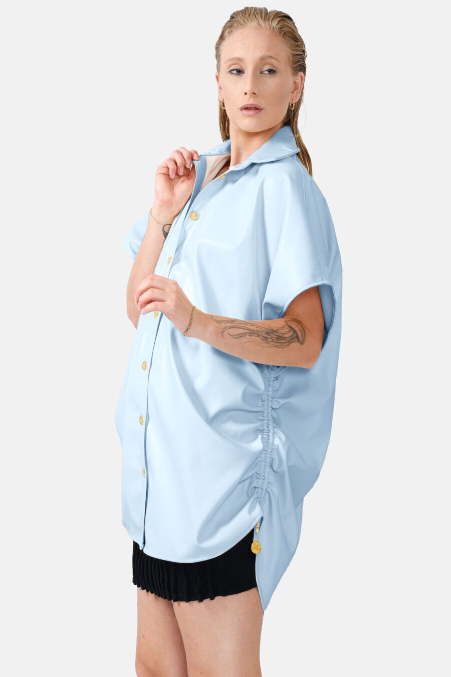 Blue Oversized Vegan Leather Shirt Designer Shirt Kargede Side - Rumour – Blue Vegan Leather Oversized Shirt