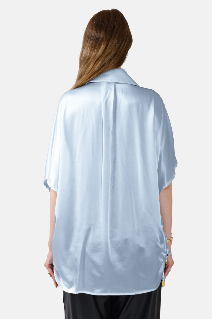 Blue Silk Satin Oversized Button Shirt Kargede Designer Shirt Back - Luna – Oversized Blue Silk Satin Button Shirt