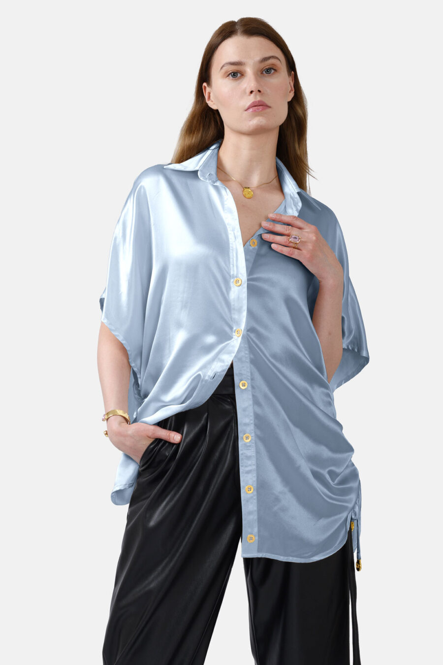 Blue Silk Satin Oversized Button Shirt Kargede Designer Shirt Front - Luna – Oversized Blue Silk Satin Button Shirt