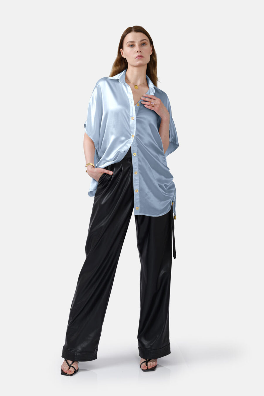 Blue Silk Satin Oversized Button Shirt Kargede Designer Shirt Front Out - Luna – Oversized Blue Silk Satin Button Shirt