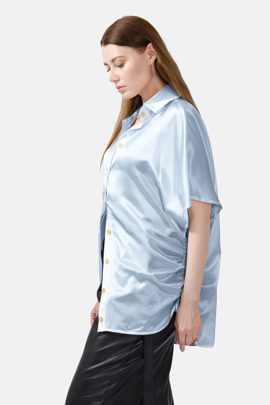 Blue Silk Satin Oversized Button Shirt Kargede Designer Shirt Side - Luna – Oversized Blue Silk Satin Button Shirt