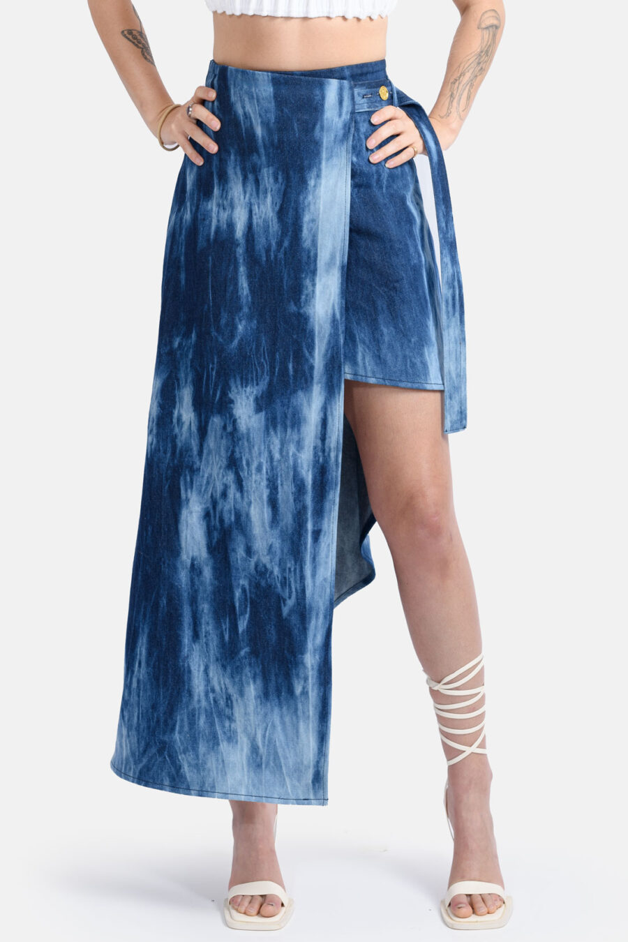 Denim Wrap Skirt Belt Tie Kargede Designer Skirt Blue Ocean - Cascade – Asymmetrical Denim Wrap Skirt