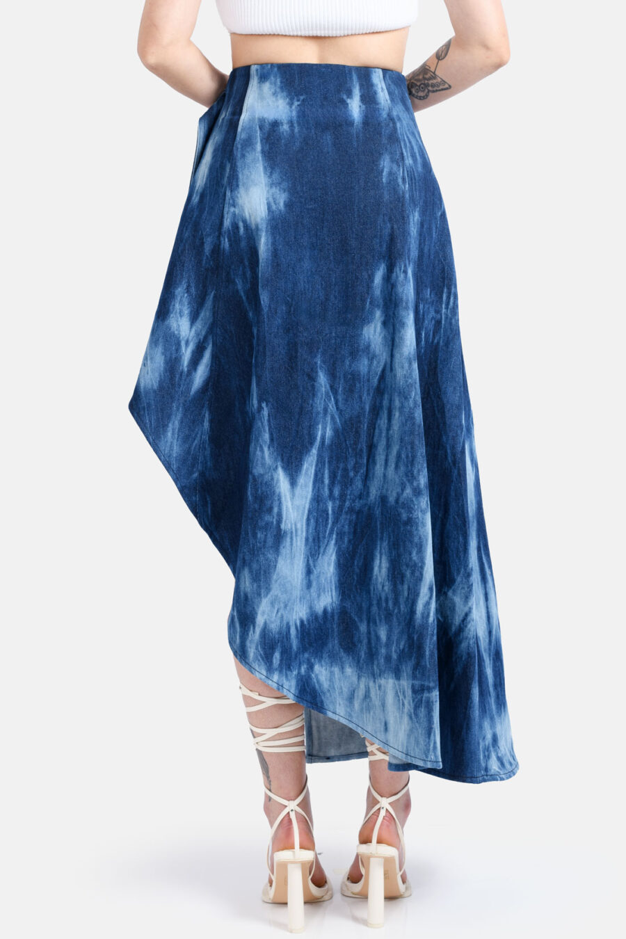 Denim Wrap Skirt Belt Tie Kargede Designer Skirt Blue Ocean Bleached Denim Skirt Back - Cascade – Asymmetrical Denim Wrap Skirt