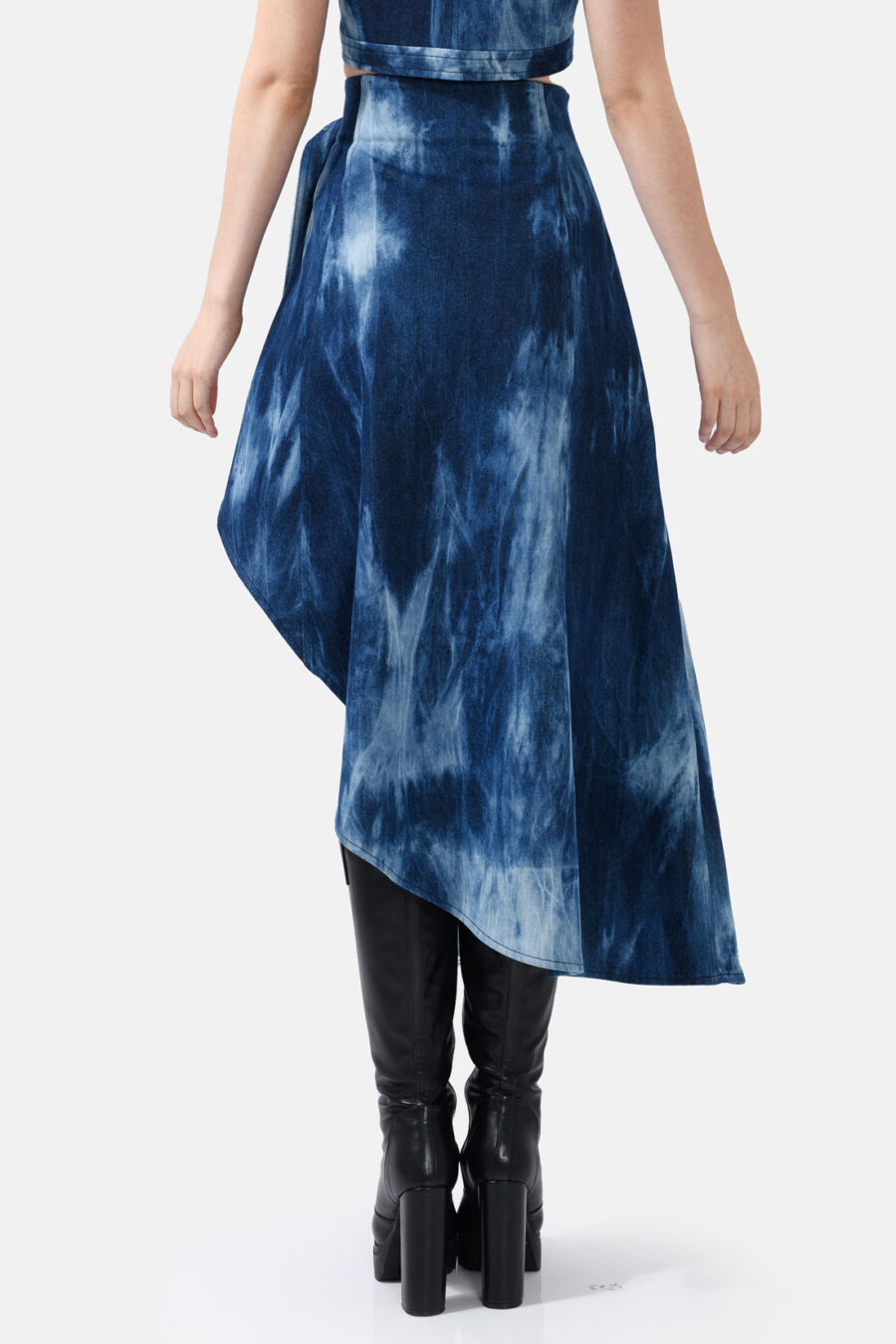 Denim Wrap Skirt Belt Tie Kargede Designer Skirt Blue Ocean Bleached Denim Skirt Back Avila - Cascade – Asymmetrical Denim Wrap Skirt