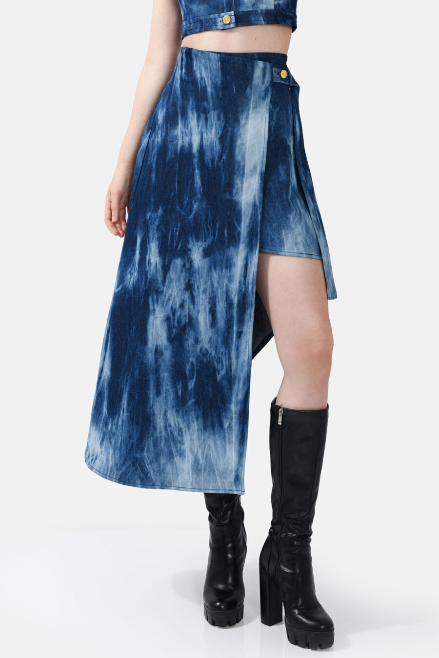 Denim Wrap Skirt Belt Tie Kargede Designer Skirt Blue Ocean Bleached Denim Skirt Front Avila - Cascade – Asymmetrical Denim Wrap Skirt