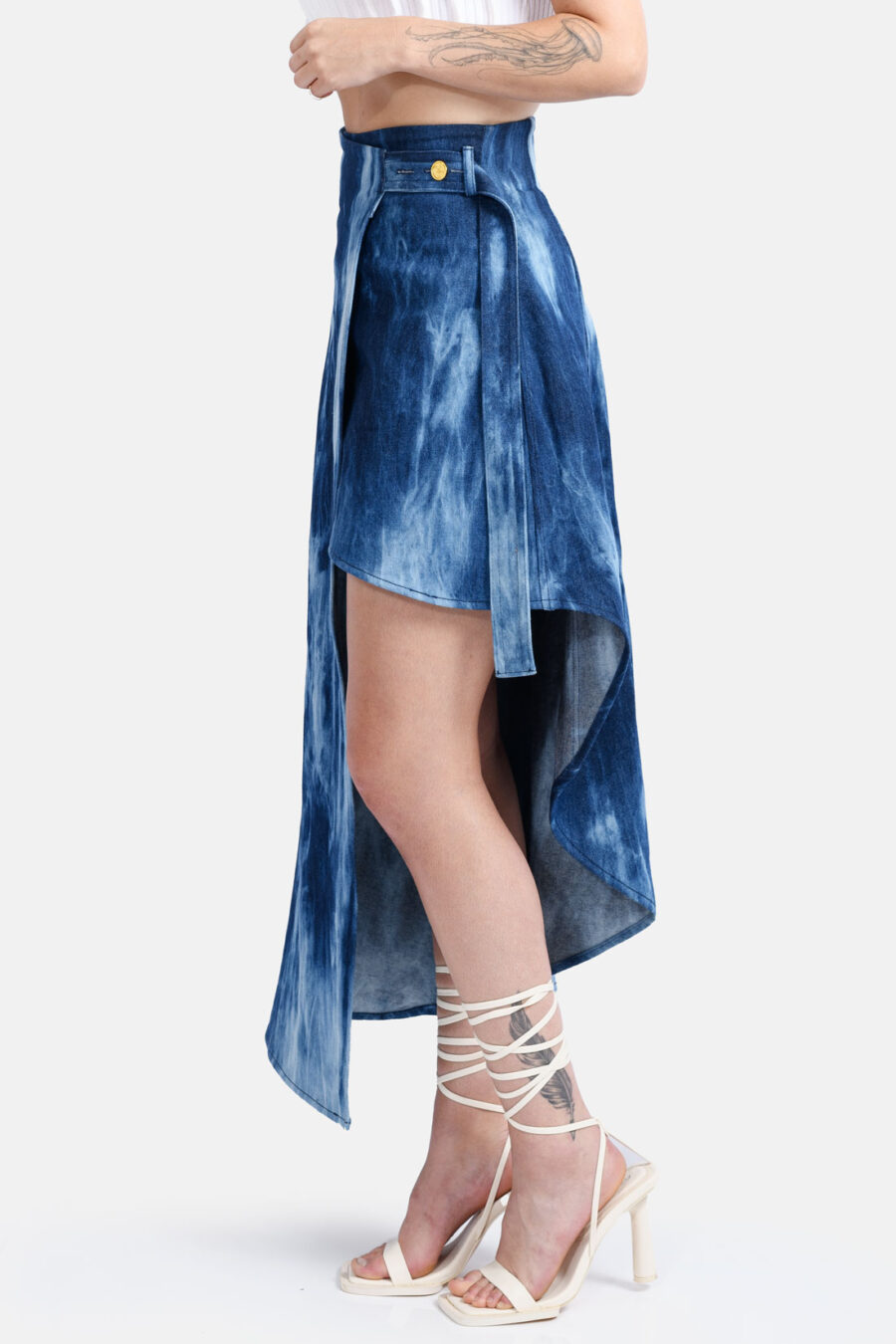 Denim Wrap Skirt Belt Tie Kargede Designer Skirt Blue Ocean Bleached Denim Skirt Side - Cascade – Asymmetrical Denim Wrap Skirt