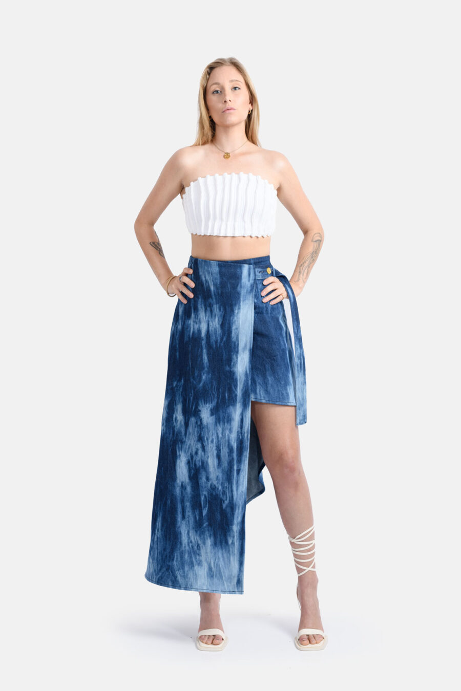 Denim Wrap Skirt Belt Tie Kargede Designer Skirt Blue Ocean out - Cascade – Asymmetrical Denim Wrap Skirt