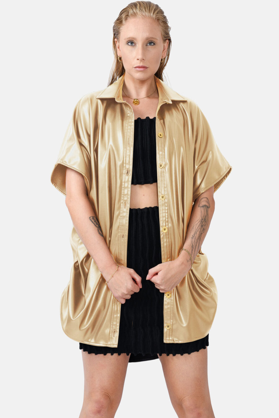 Gold Oversized Vegan Leather Shirt Designer Shirt Kargede Front - Rumour – Gold Vegan Leather Oversized Shirt