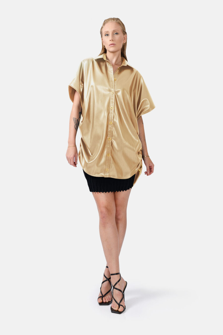 Gold Oversized Vegan Leather Shirt Designer Shirt Kargede Front Closed - Rumour – Gold Vegan Leather Oversized Shirt