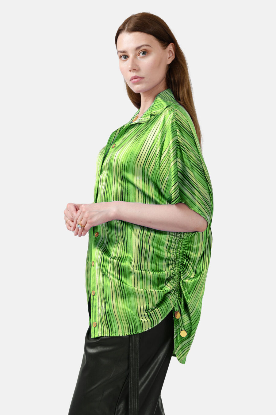 Green Striped Silk Satin Oversized Button Shirt Kargede Designer Shirt Back - Dalarna – Green Stripe Oversized Silk Satin Button Shirt