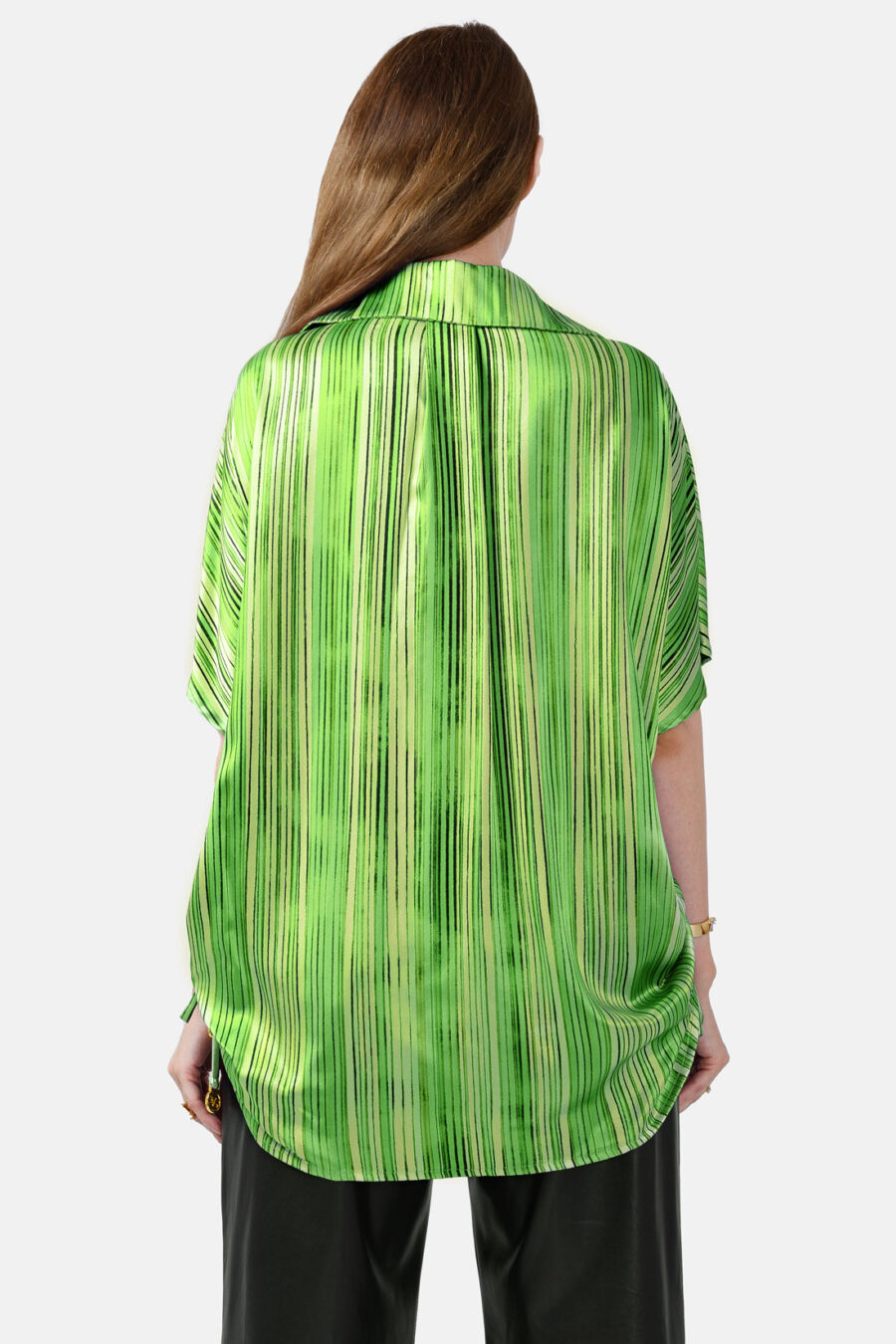 Green Striped Silk Satin Oversized Button Shirt Kargede Designer Shirt Back - Dalarna – Green Stripe Oversized Silk Satin Button Shirt