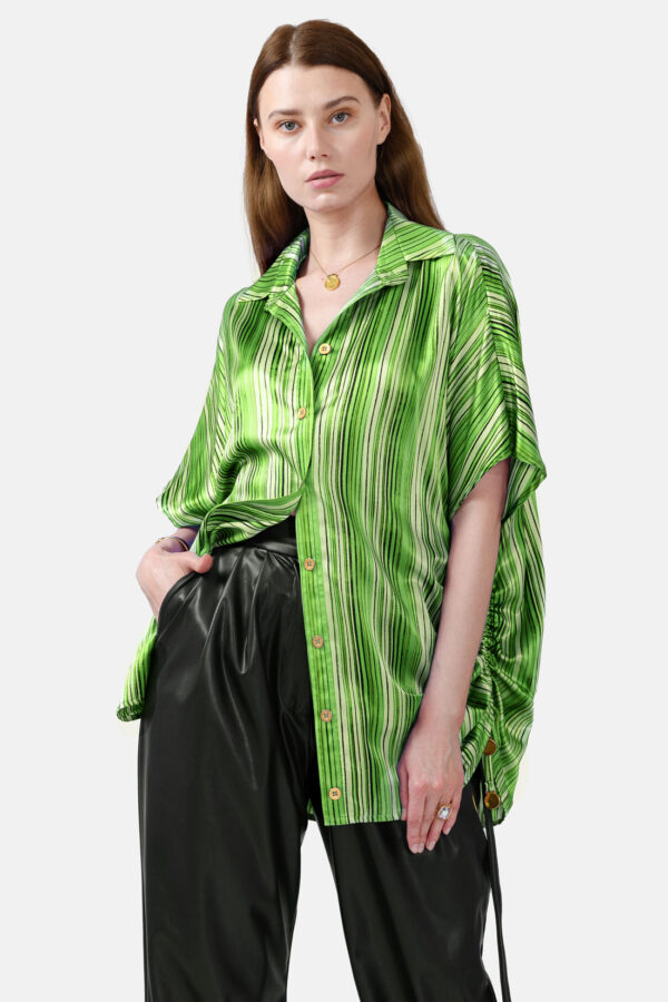 Green Striped Silk Satin Oversized Button Shirt Kargede Designer Shirt Front - Dalarna – Green Stripe Oversized Silk Satin Button Shirt