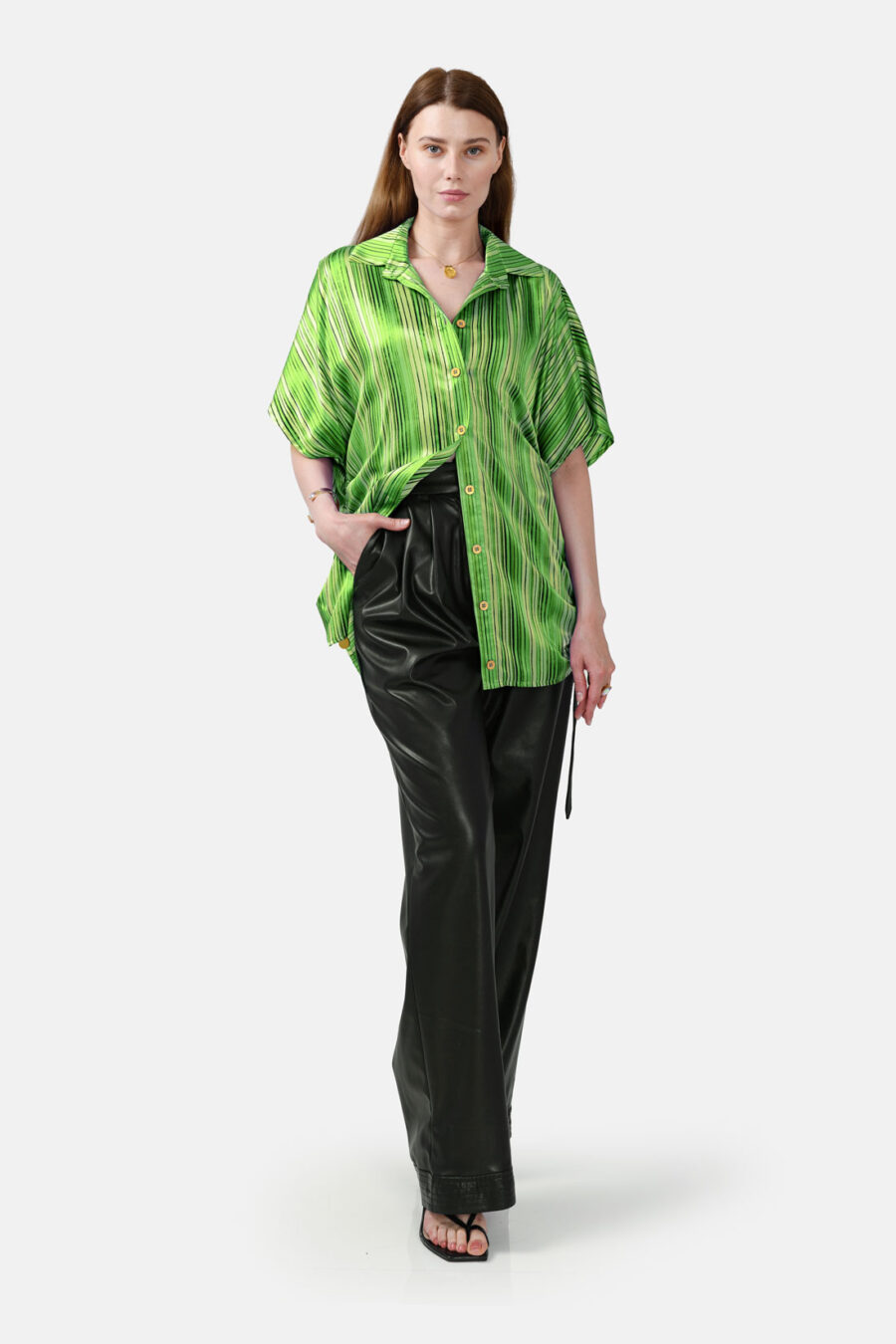 Green Striped Silk Satin Oversized Button Shirt Kargede Designer Shirt Front - Dalarna – Green Stripe Oversized Silk Satin Button Shirt