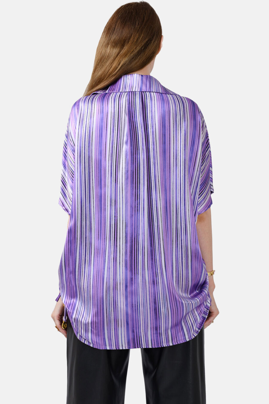 Purple Striped Silk Satin Oversized Button Shirt Kargede Designer Shirt Back - Dalarna – Purple Stripe Oversized Silk Satin Button Shirt