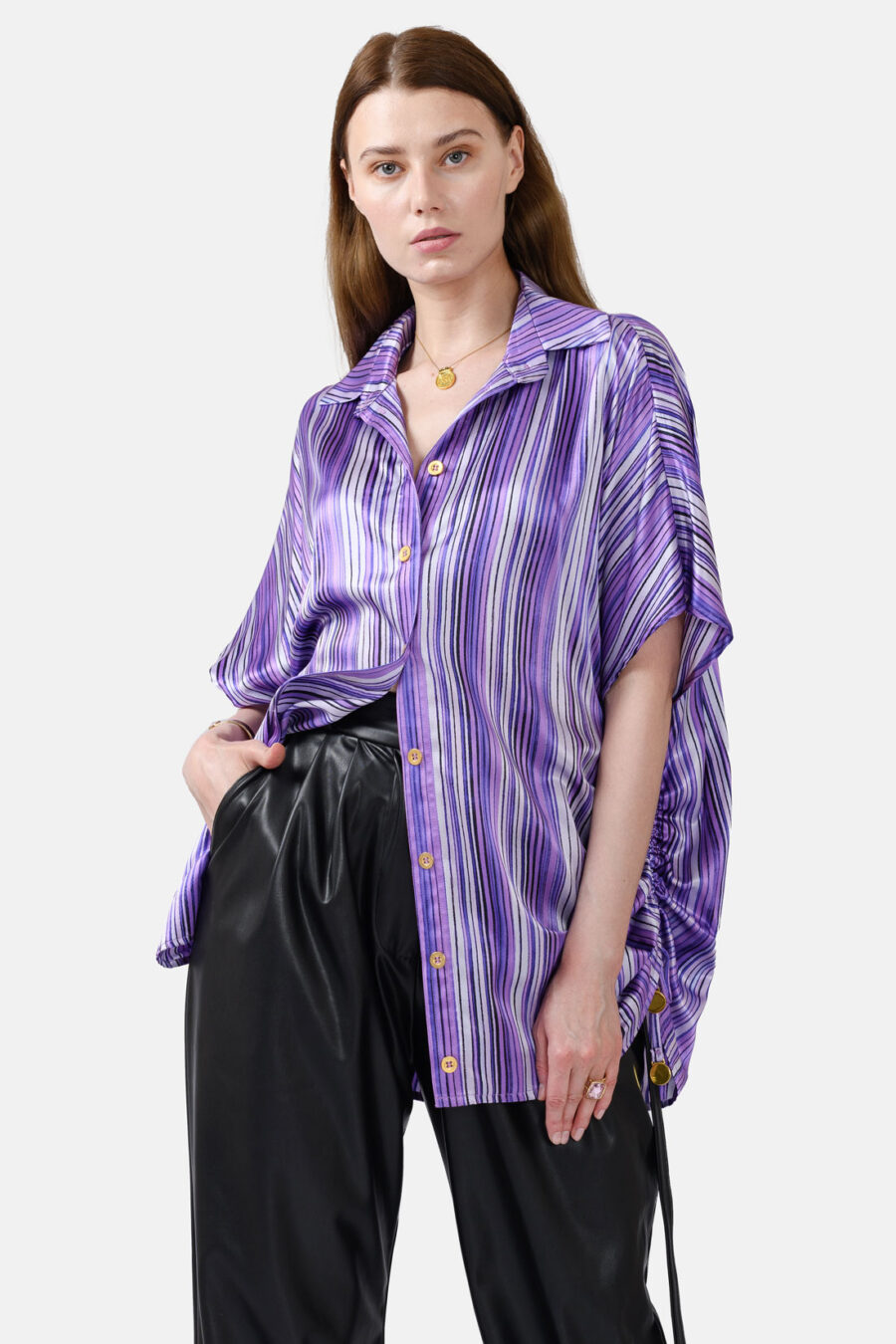 Purple Striped Silk Satin Oversized Button Shirt Kargede Designer Shirt Front - Dalarna – Purple Stripe Oversized Silk Satin Button Shirt