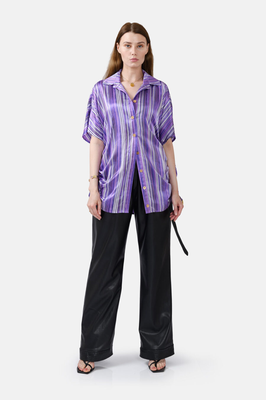 Purple Striped Silk Satin Oversized Button Shirt Kargede Designer Shirt Front Out - Dalarna – Purple Stripe Oversized Silk Satin Button Shirt