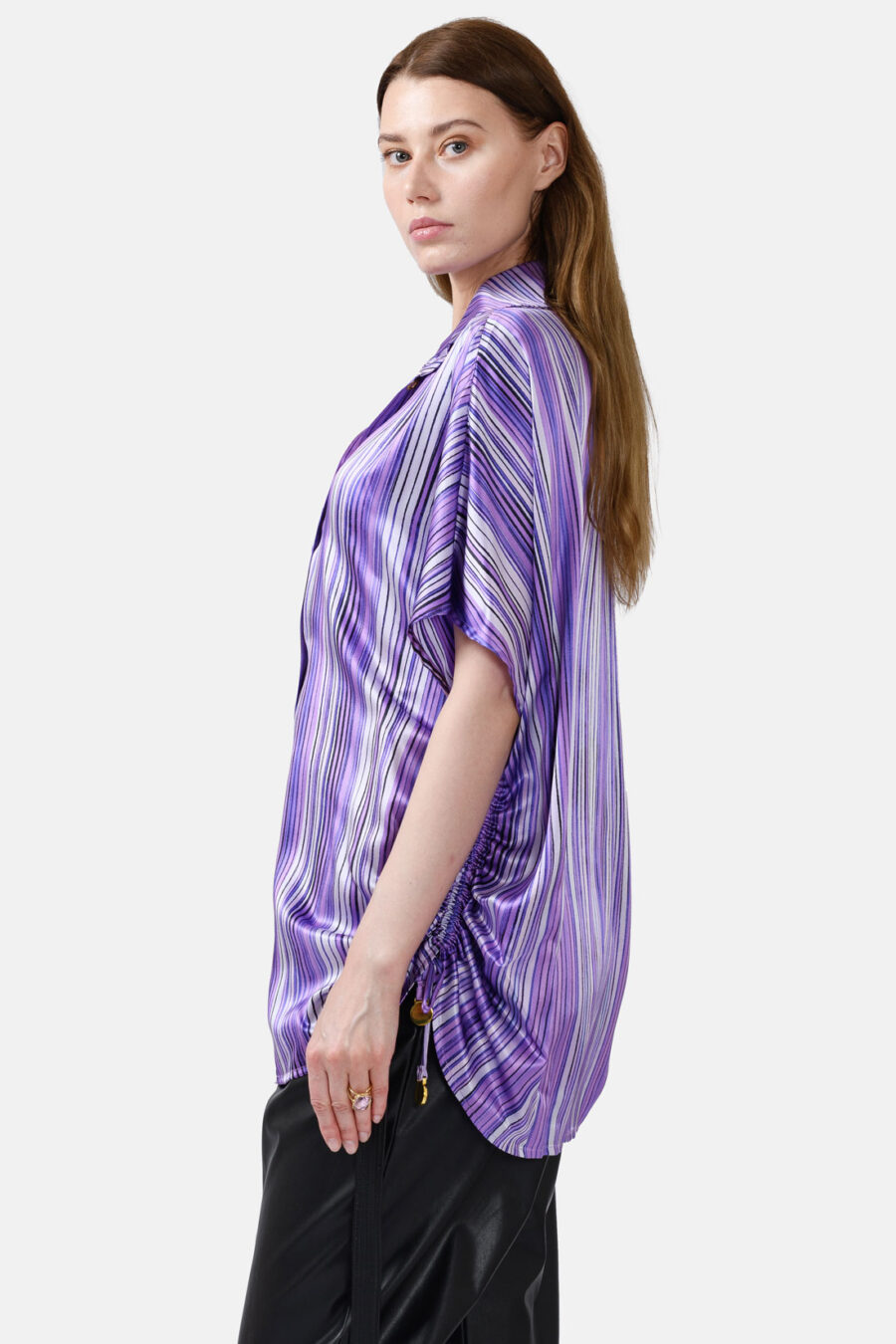 Purple Striped Silk Satin Oversized Button Shirt Kargede Designer Shirt Front Side - Dalarna – Purple Stripe Oversized Silk Satin Button Shirt