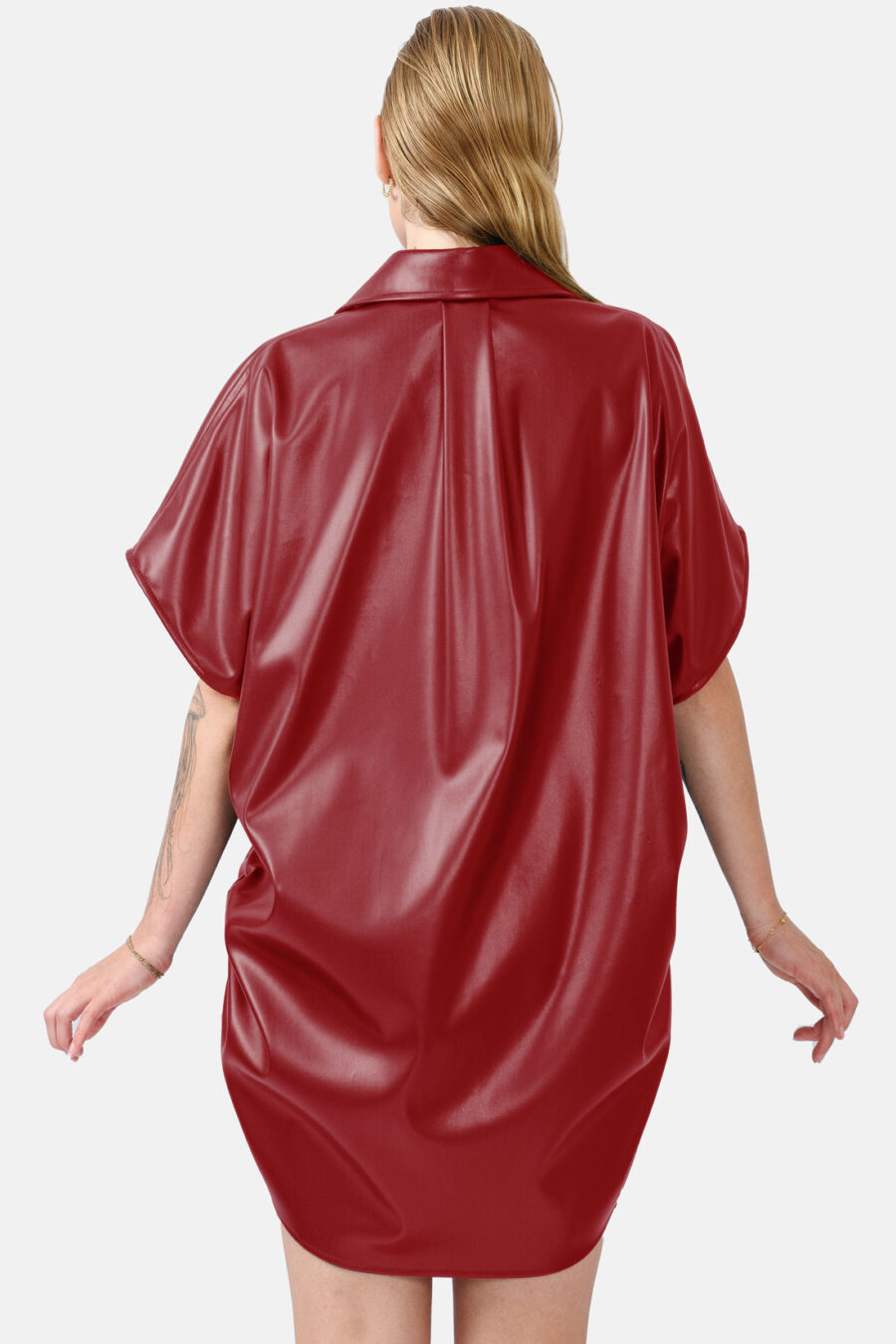 Red Oversized Vegan Leather Shirt Designer Shirt Kargede Back - Rumour – Red Vegan Leather Oversized Shirt