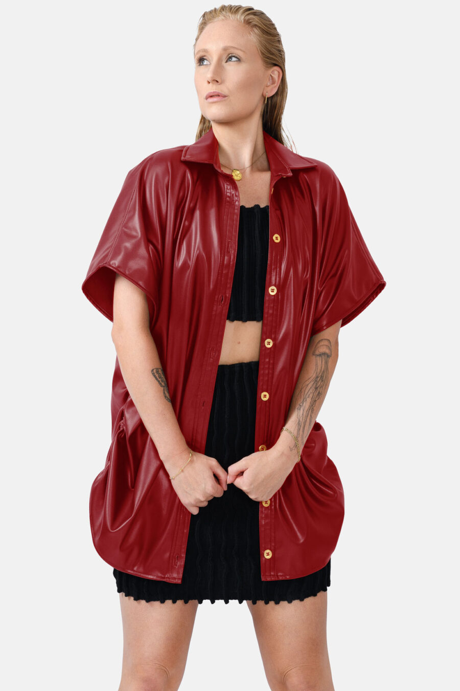 Red Oversized Vegan Leather Shirt Designer Shirt Kargede Front - Rumour – Red Vegan Leather Oversized Shirt