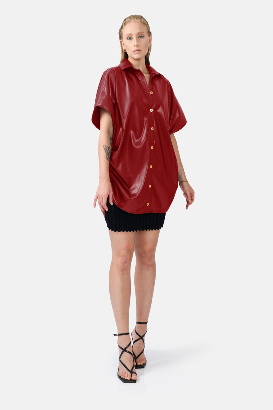 Red Oversized Vegan Leather Shirt Designer Shirt Kargede Front Closed - Rumour – Red Vegan Leather Oversized Shirt