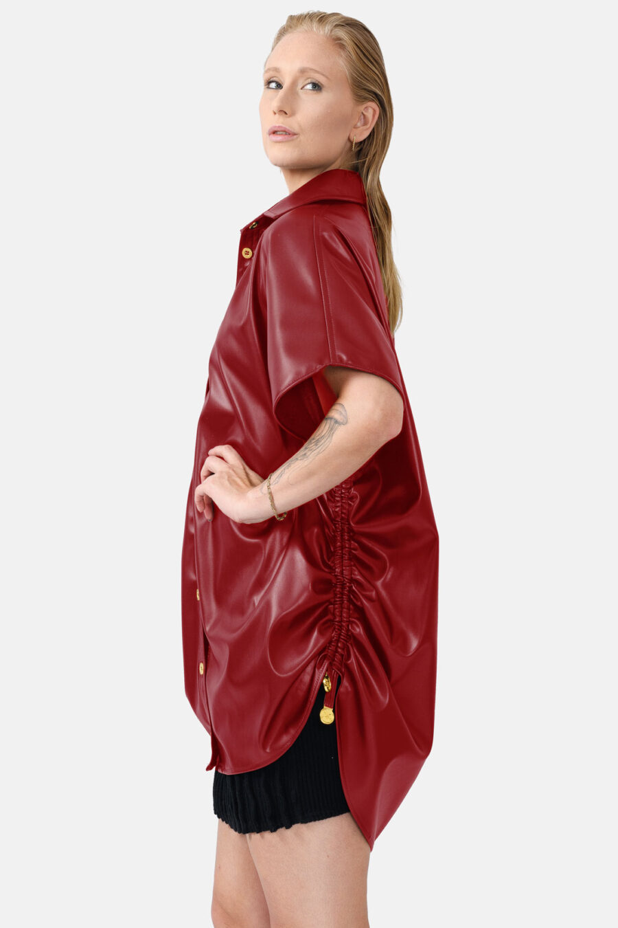 Red Oversized Vegan Leather Shirt Designer Shirt Kargede Side - Rumour – Red Vegan Leather Oversized Shirt