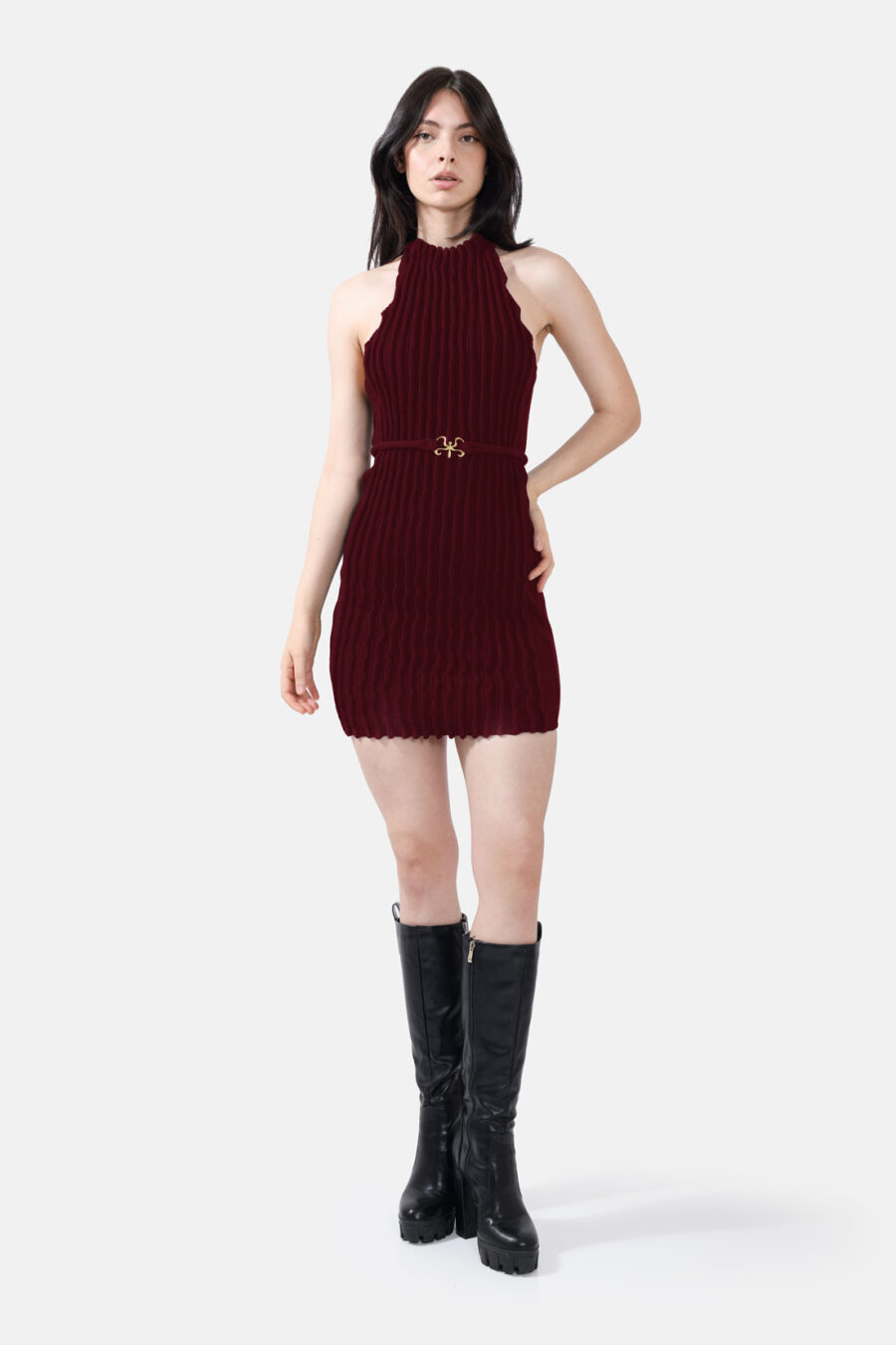 Red Rib Knit Dress Pleated Knitwear Kargede Designer Dress Front Avila Out - Reishi – Red Rib Knit Mini Dress