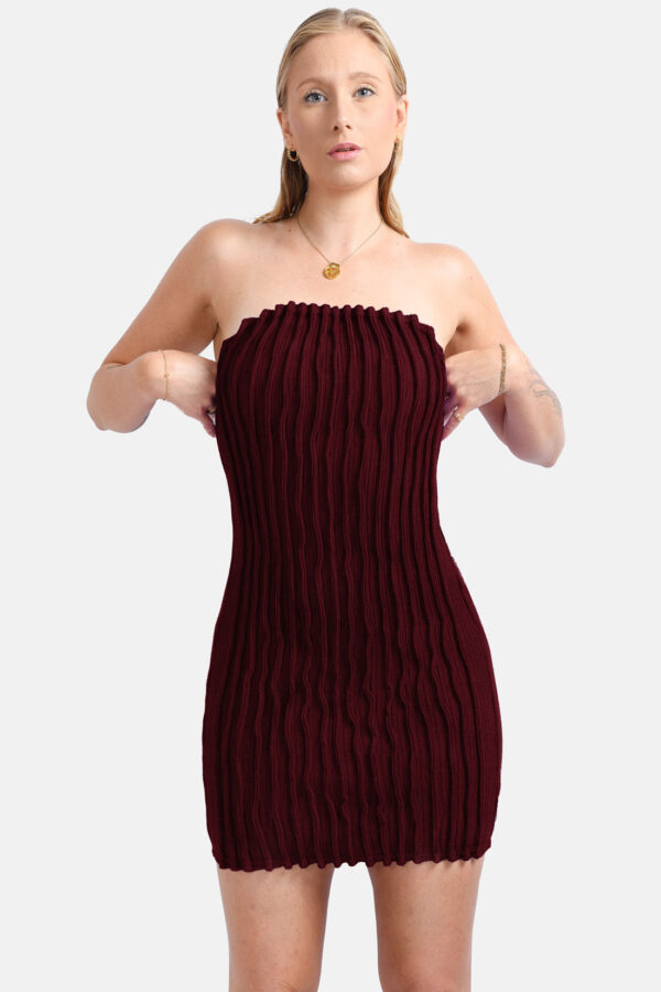 Red Rib Knit Mini Dress Pleated Knitwear Kargede Designer Dress Front - Mycel – Red Rib Knit Mini Dress