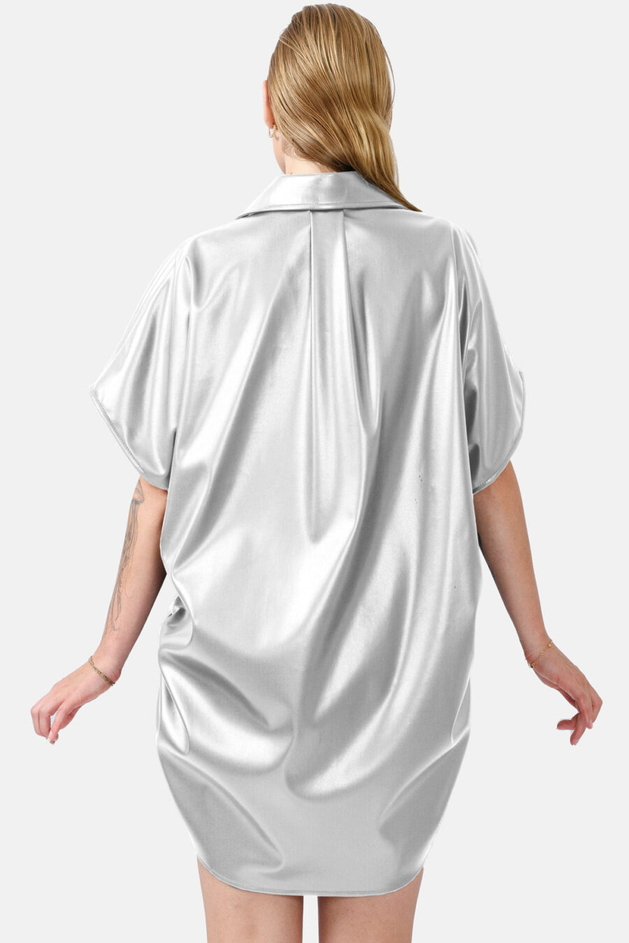 Silver Oversized Vegan Leather Shirt Designer Shirt Kargede Back - Rumour – Silver Vegan Leather Oversized Shirt