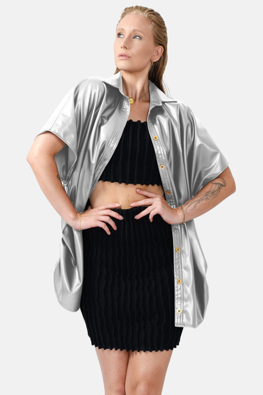 Silver Oversized Vegan Leather Shirt Designer Shirt Kargede Front - Rumour – Silver Vegan Leather Oversized Shirt