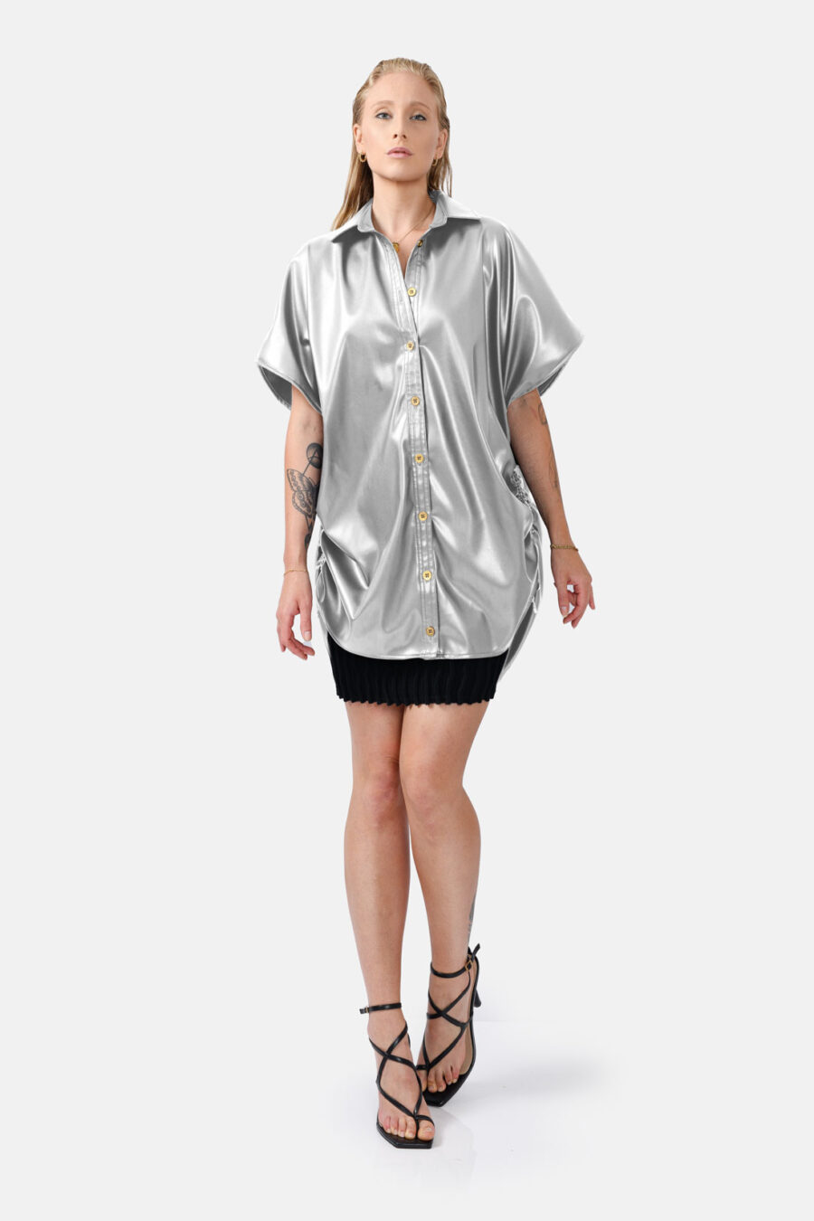 Silver Oversized Vegan Leather Shirt Designer Shirt Kargede Front Closed - Rumour – Silver Vegan Leather Oversized Shirt