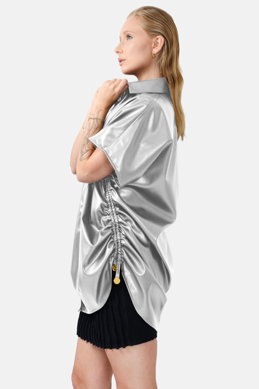 Silver Oversized Vegan Leather Shirt Designer Shirt Kargede Front Side - Rumour – Silver Vegan Leather Oversized Shirt