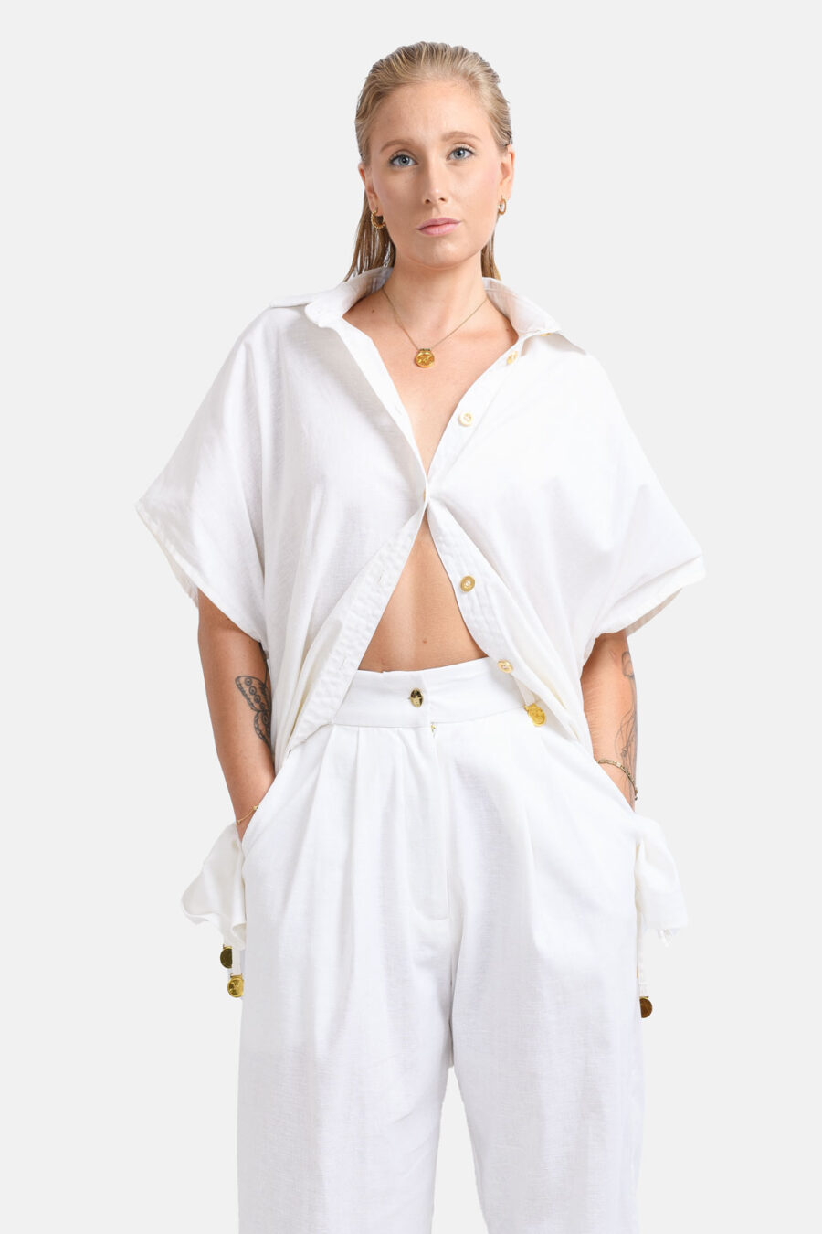 White Oversized Linen Button Shirt Kargede Designer Linen Shirt Womens Front Open - Willow – Oversized White Linen Button Shirt