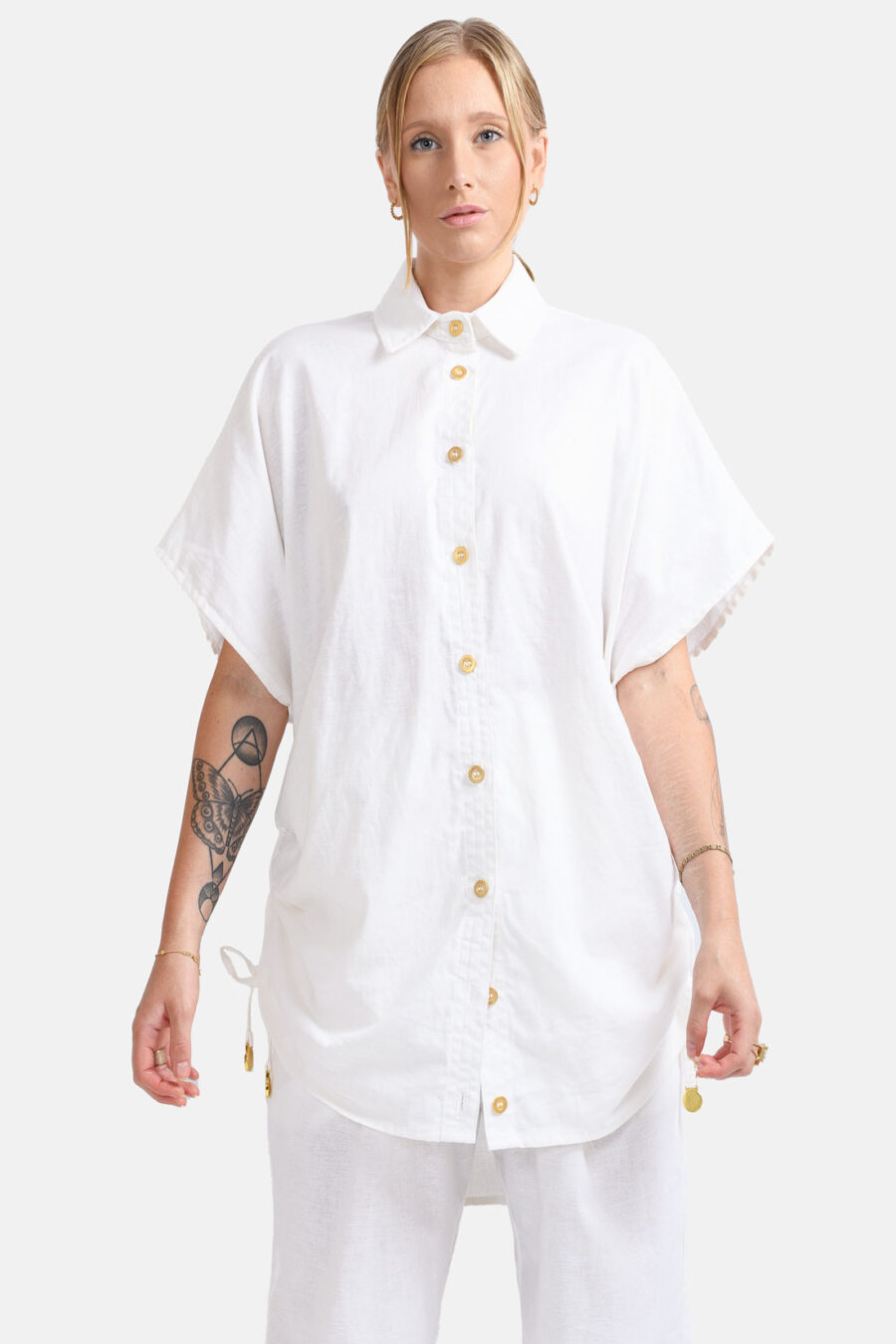 White Oversized Linen Button Shirt Kargede Designer Linen Shirt Womens Front - Willow – Oversized White Linen Button Shirt