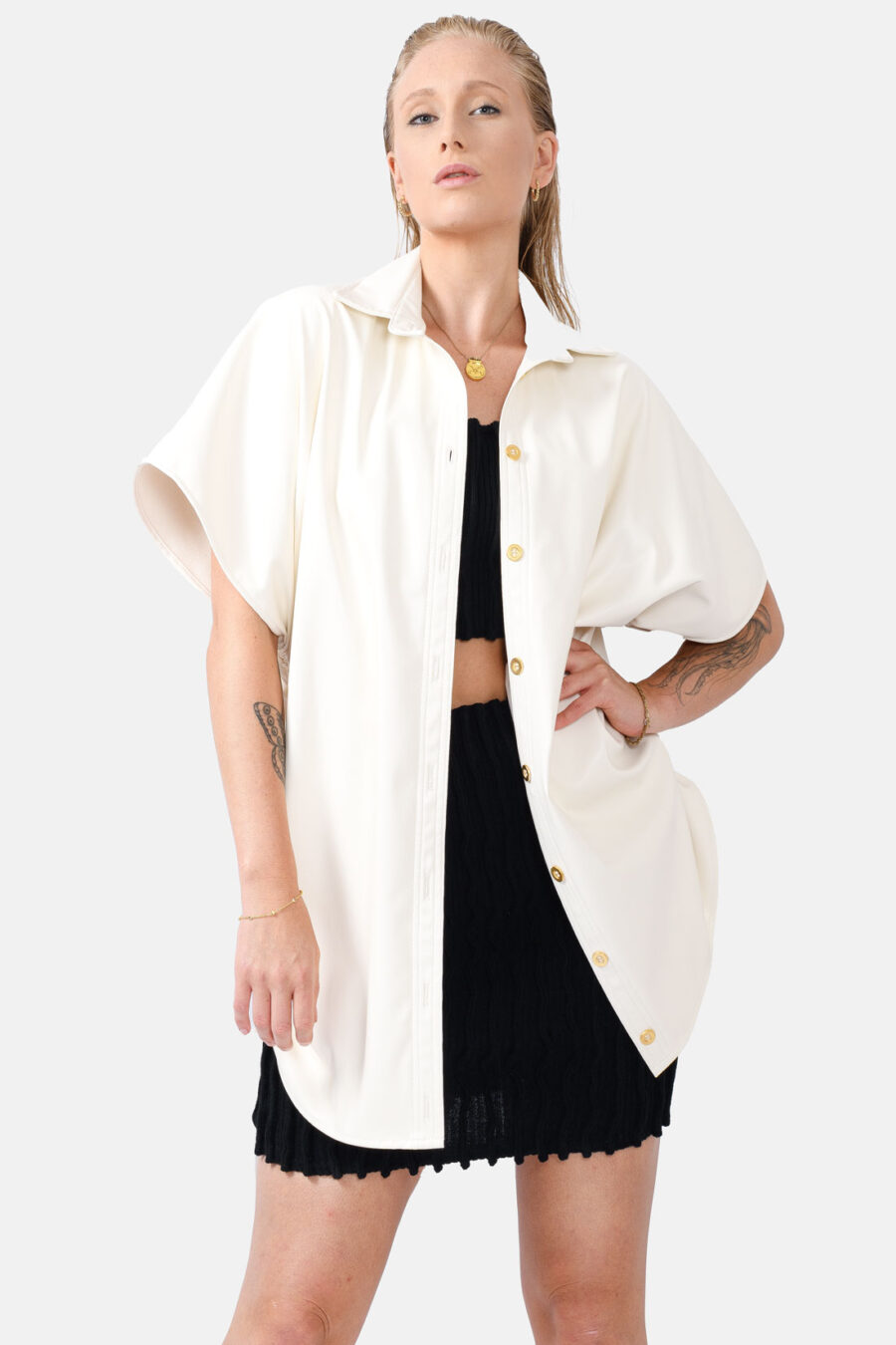 White Oversized Vegan Leather Shirt Designer Shirt Kargede Front - Rumour – White Vegan Leather Oversized Shirt