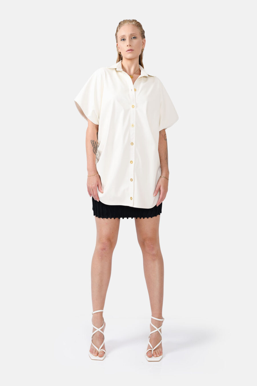 White Oversized Vegan Leather Shirt Designer Shirt Kargede Front Closed - Rumour – White Vegan Leather Oversized Shirt