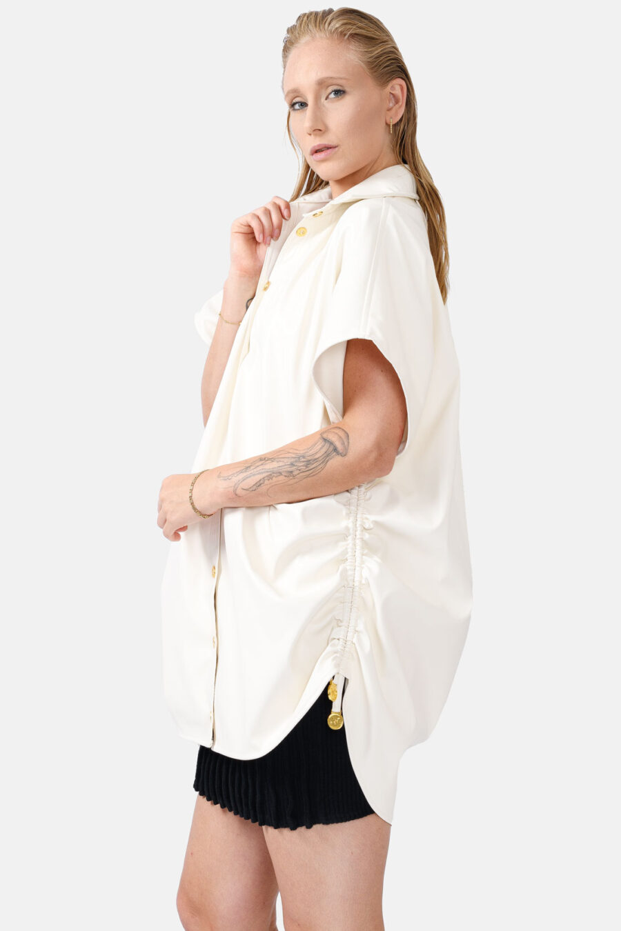 White Oversized Vegan Leather Shirt Designer Shirt Kargede Side - Rumour – White Vegan Leather Oversized Shirt