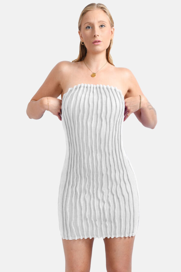 White Rib Knit Mini Dress Pleated Knitwear Kargede Designer Dress Front - Mycel – White Rib Knit Mini Dress