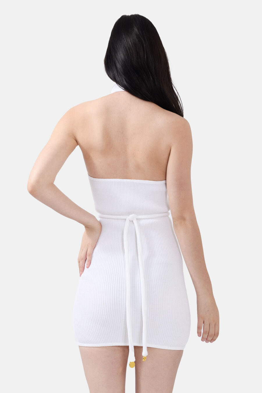 White Ribbed Knit Halter Dress Pleated Kargede Designer Halter Dress Knitwear White Back Avila - Reishi – White Rib Knit Mini Dress