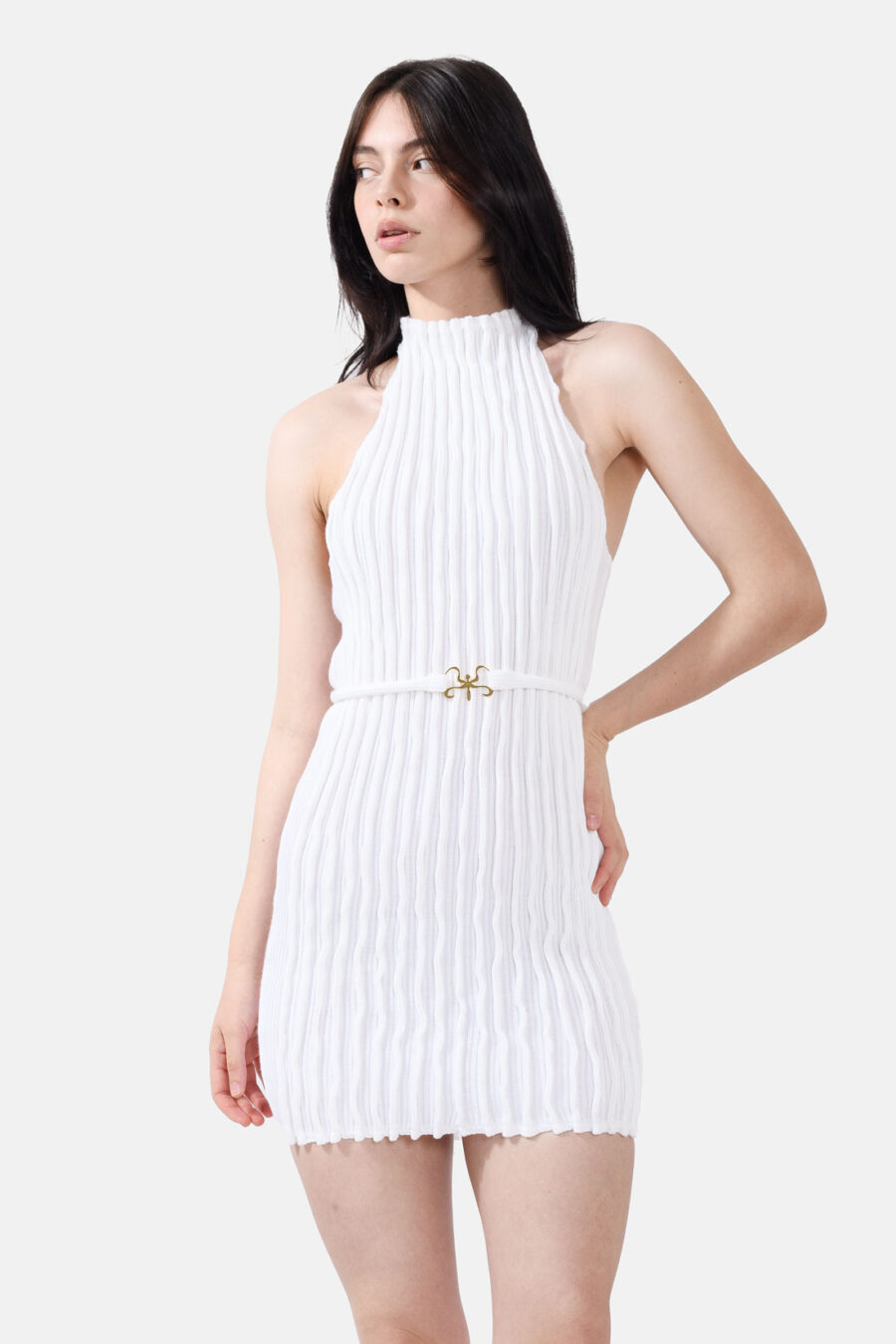 White Ribbed Knit Halter Dress Pleated Kargede Designer Halter Dress Knitwear White Front Avila - Reishi – White Rib Knit Mini Dress