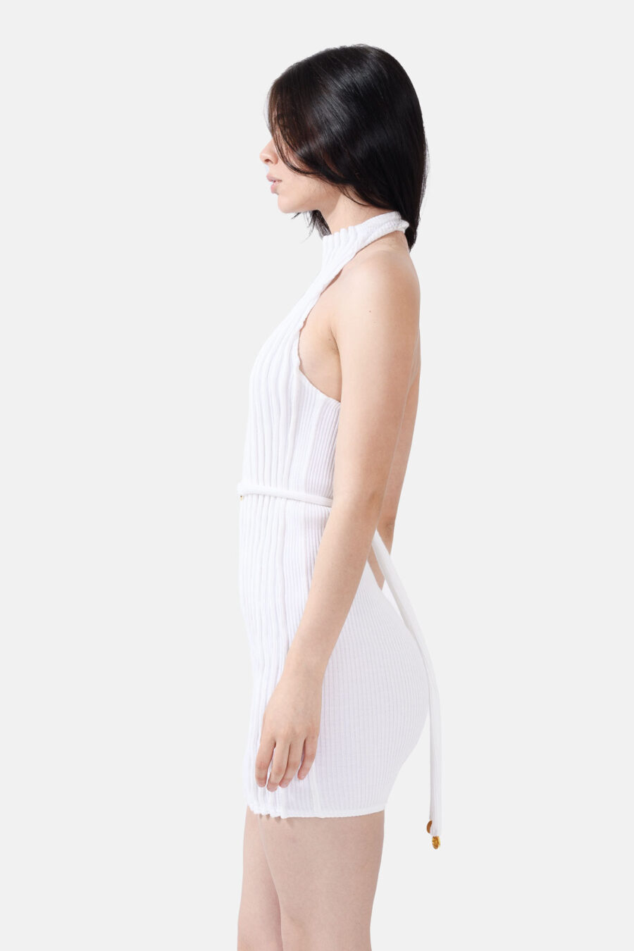 White Ribbed Knit Halter Dress Pleated Kargede Designer Halter Dress Knitwear White Side Avila - Reishi – White Rib Knit Mini Dress