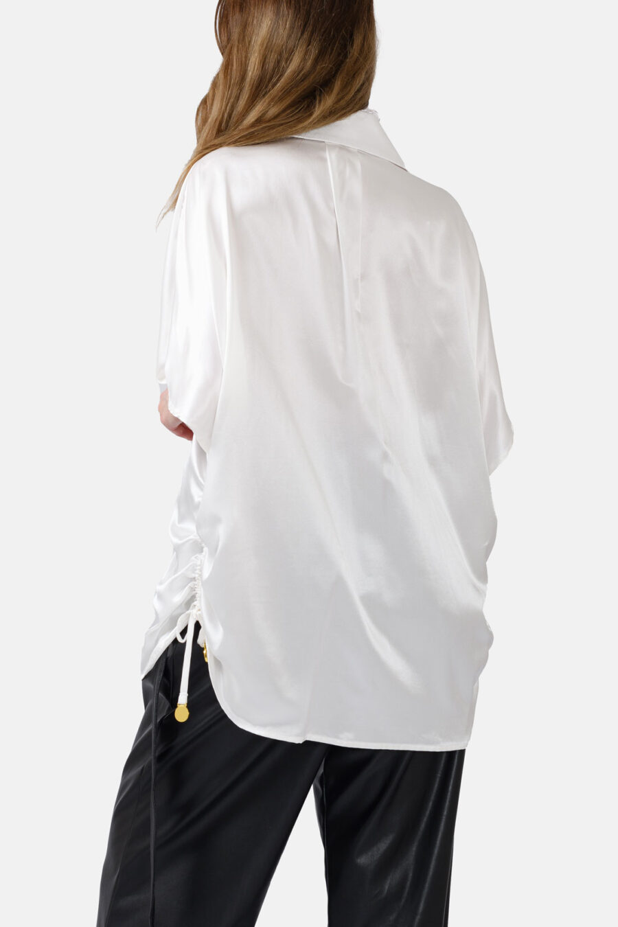 White Silk Satin Oversized Button Shirt Kargede Designer Shirt Back - Luna – Oversized White Silk Satin Button Shirt