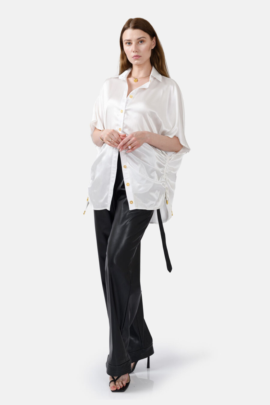 White Silk Satin Oversized Button Shirt Kargede Designer Shirt Front - Luna – Oversized White Silk Satin Button Shirt