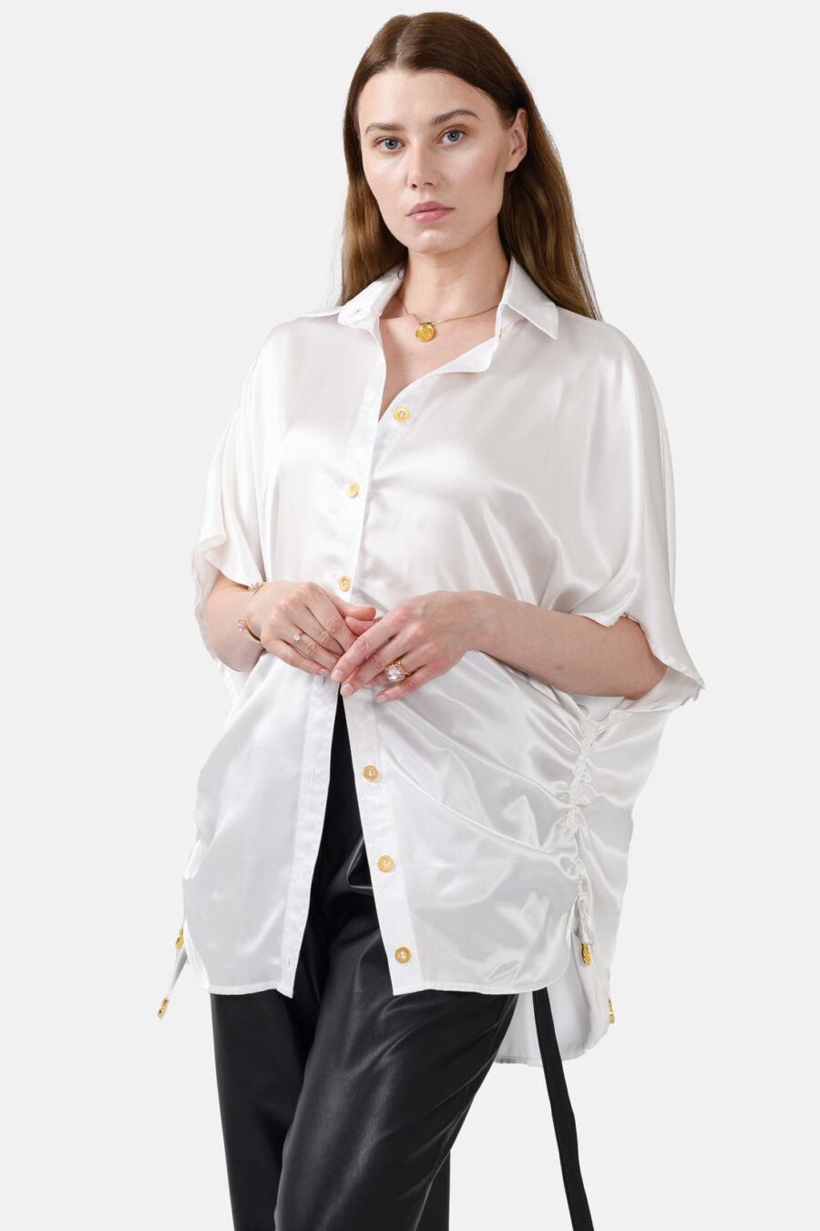 White Silk Satin Oversized Button Shirt Kargede Designer Shirt Front Close - Luna – Oversized White Silk Satin Button Shirt