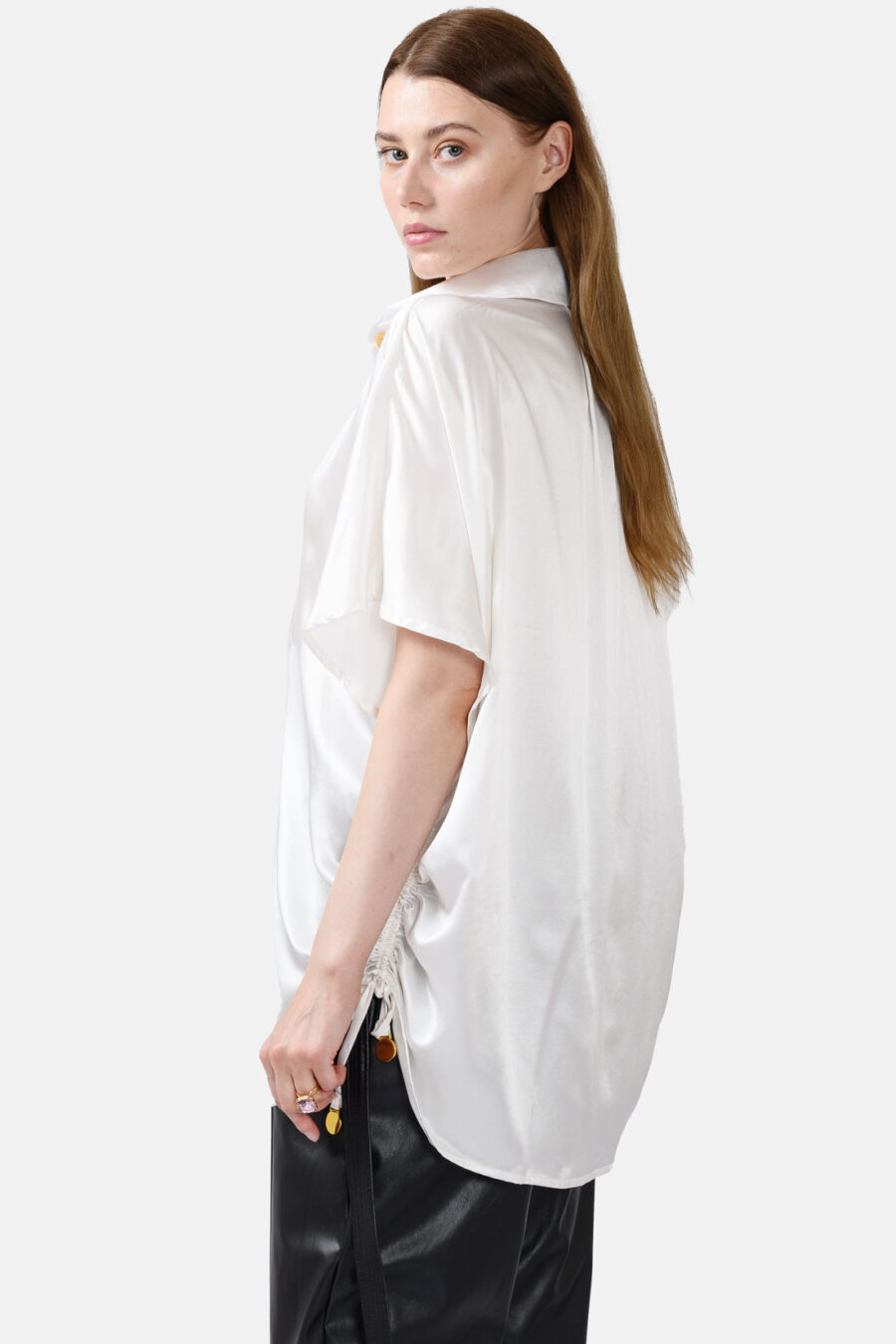 White Silk Satin Oversized Button Shirt Kargede Designer Shirt Side - Luna – Oversized White Silk Satin Button Shirt