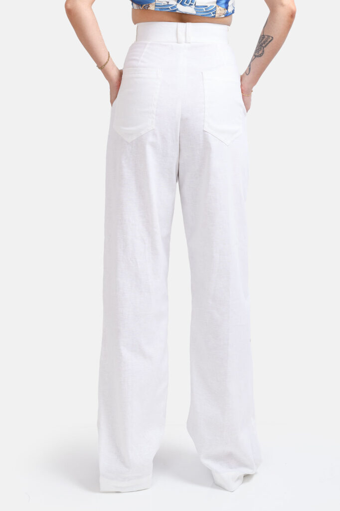 White Straight Leg Linen Pants Kargede Designer Pants Back2