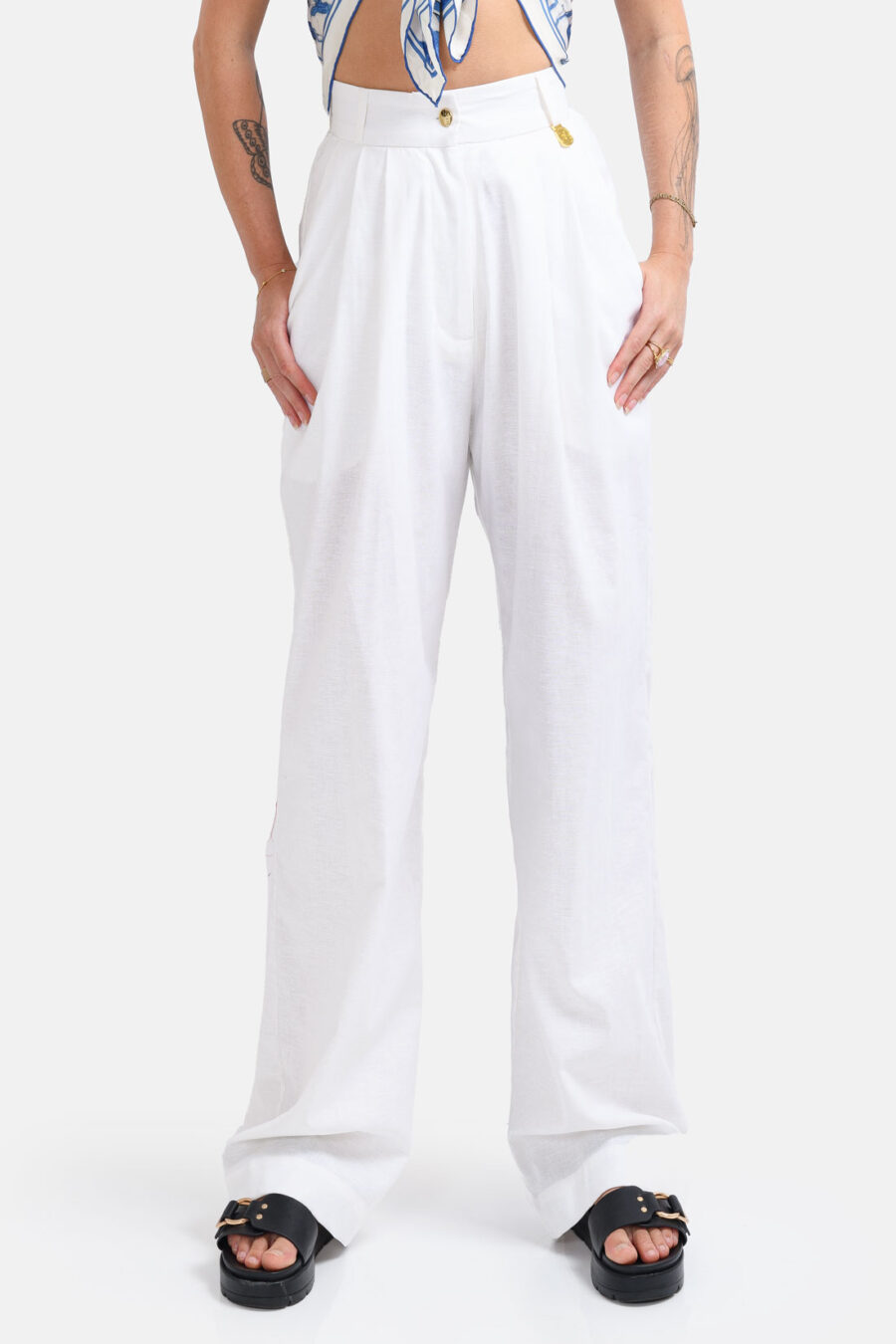 White Straight Leg Linen Pants Kargede Designer Pants Front - Cypress – White Linen Straight-Leg Pants